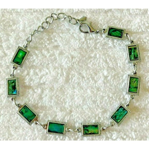 Unbranded Jewelry - ABALONE PANEL SILVER TONE BRACELET 8.5" ADJUSTABLE RECTANGULAR SHAPED LINKS ~ D7